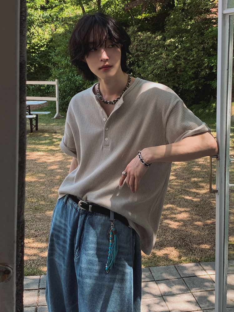 Myq Henry Collar Short-Sleeved T-Shirt Men's Summer Loose Casual Half-Sleeved T-Shirt Korean Style Work Clothing Old Money Style Trendy
