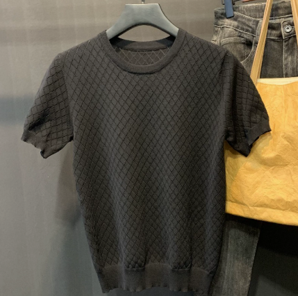 2025 Summer Diamond-Shaped Knit Sweater for Men, Short-Sleeved Hollow-Out Solid Color Versatile Round Neck Thin Breathable Lightweight Top