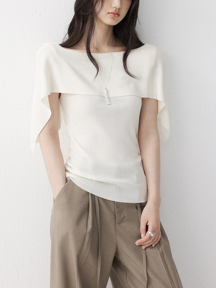 Ice-Feel Regenerated Fiber Minimalist Shawl-Style Neckline Knit Top for Women, Summer Flowy Short-Sleeve T-Shirt