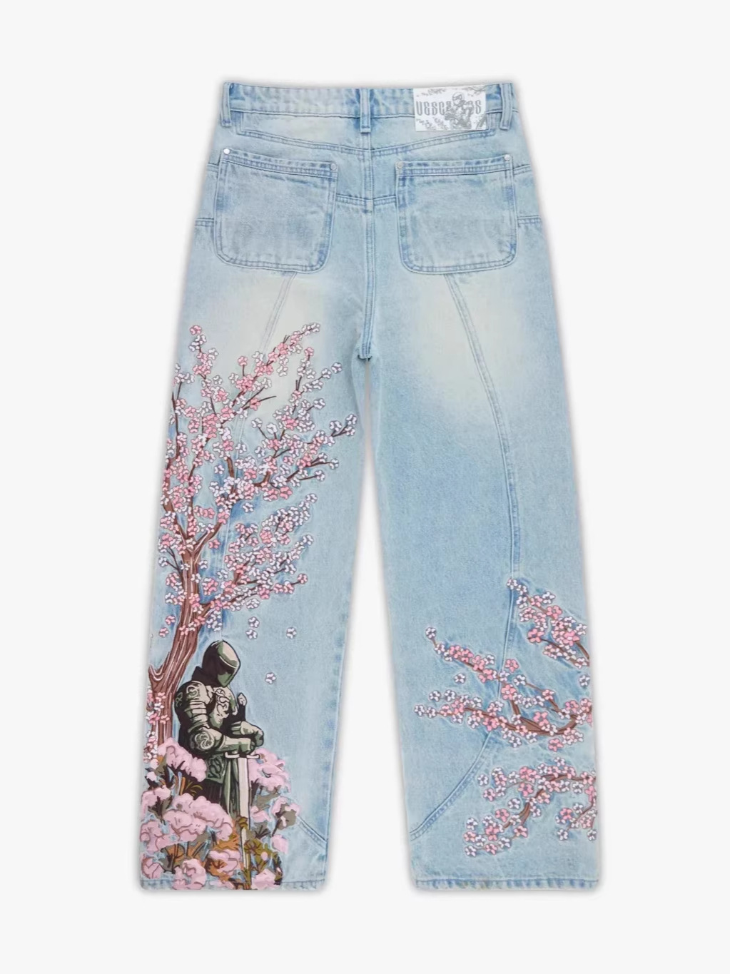 Vescartes European and American Cross-Border Popular American Retro Loose Jeans for Women with Embroidered Cherry Blossoms Versatile Wide-Leg Pants