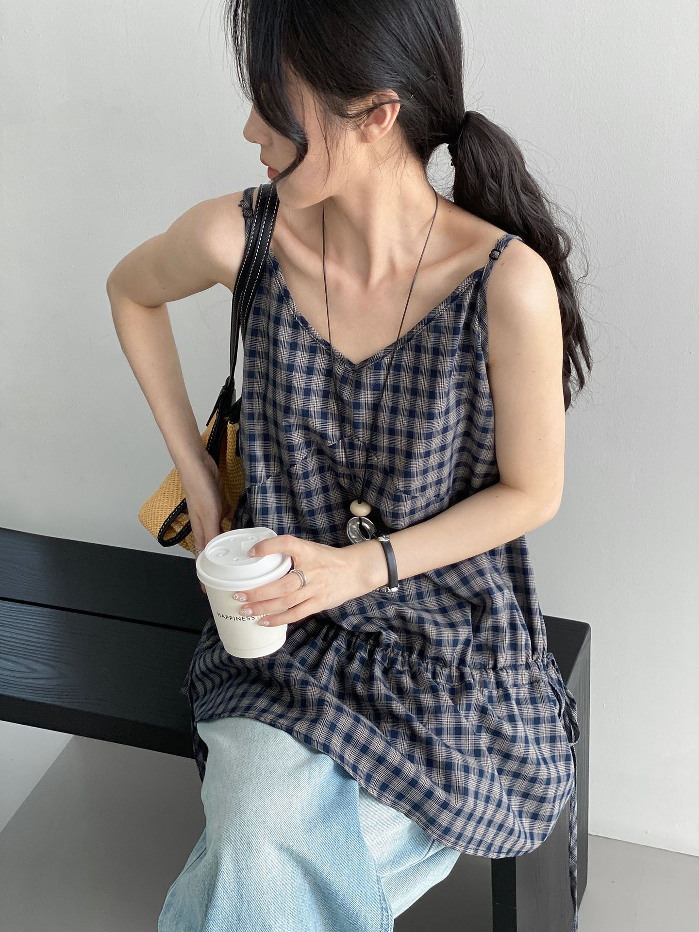 That's Right, London Style Korean-Style 100% Cotton Retro V-Neck Plaid Vest Camisole Women's Waist-Cinching Skirt Top 5101