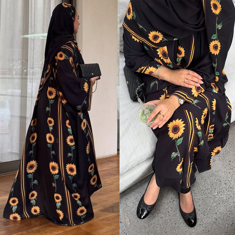 Mq254 2026Modest Cardigan Long Dress with Headscarf Cross-Border Print Street Fashion Two-Piece Set