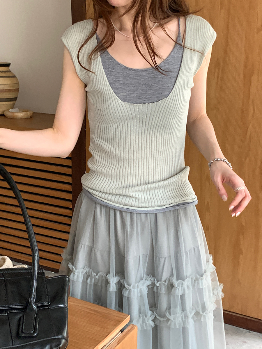 2026 summer new women's korean style color block faux two-piece short