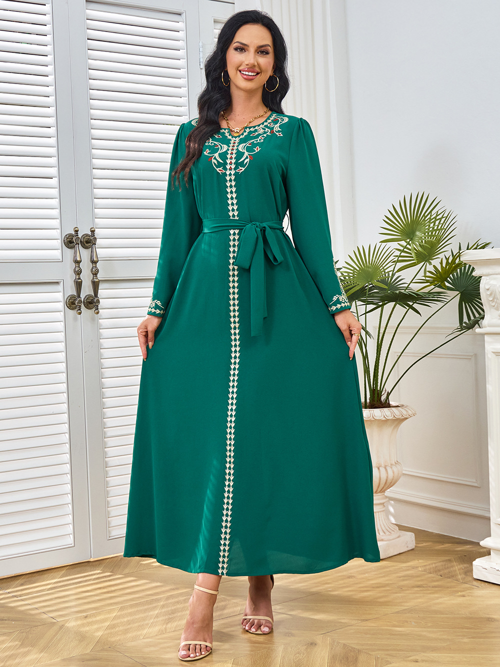 Mt256 Ethnic Style Women's Clothing, New Summer Embroidered Solid Color Robe, Large Hem, Export Product