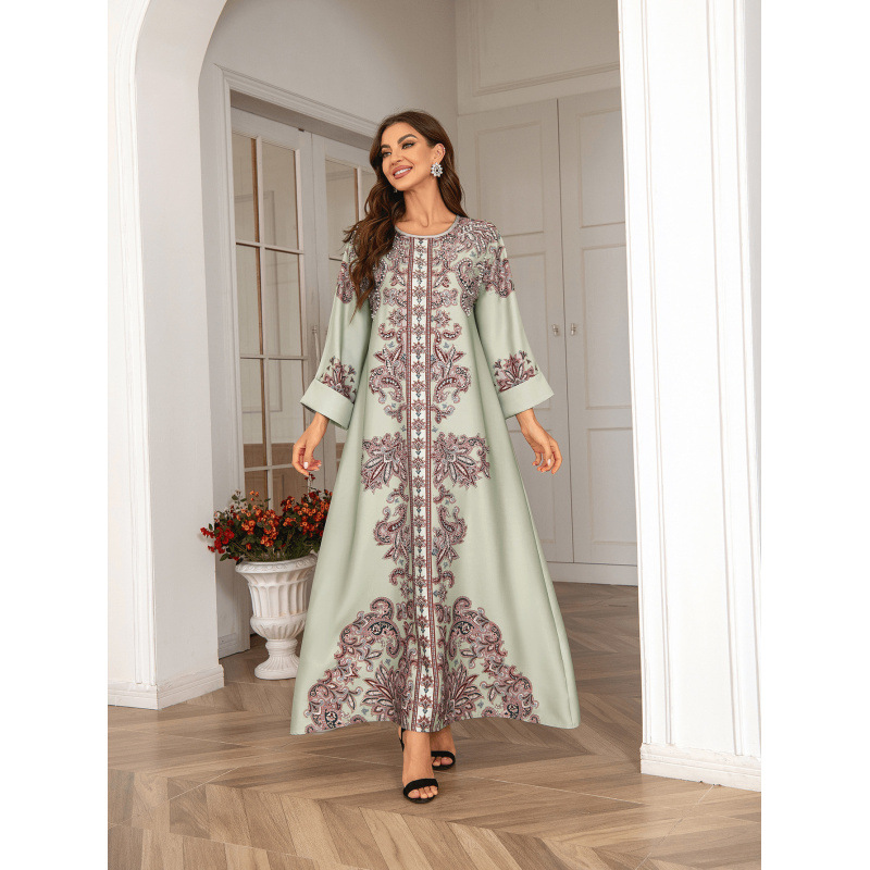 2406 Cross-Border High-Density Rhinestone Beaded Printed Women's Elegant Robe Dress