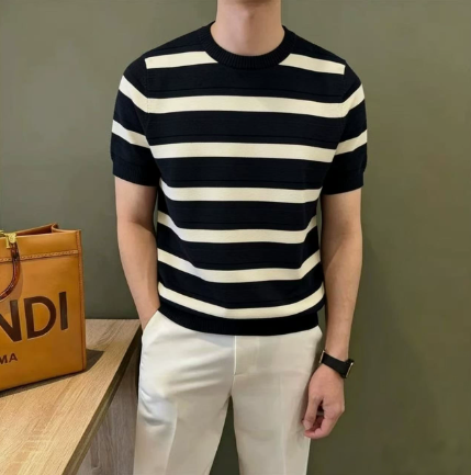 Striped Short-Sleeve T-Shirt for Men, Summer Thin Style, 2026 New Korean Version, Slim Fit, Fashionable Knit Long-Sleeve Shirt