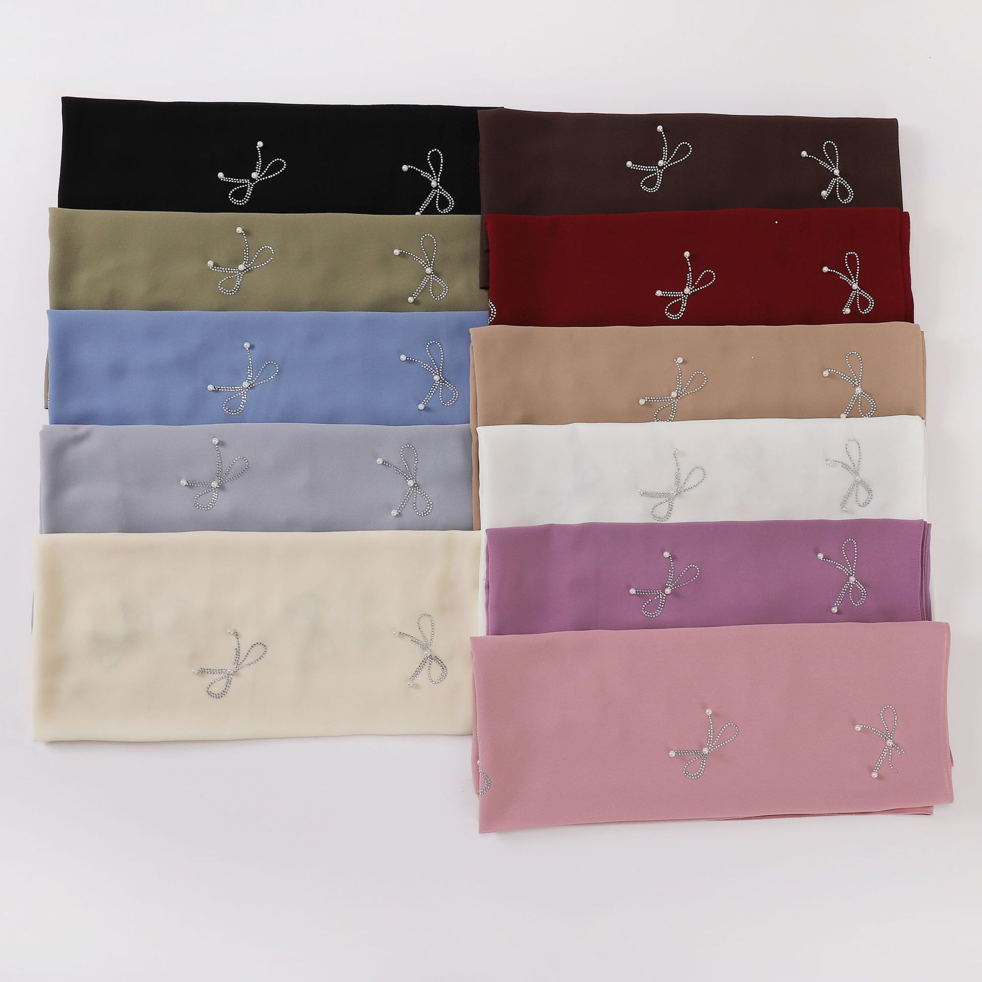Cross-border live streaming new pearl chiffon bow rhinestone nail beads long scarf Hui small fresh fashion scarf