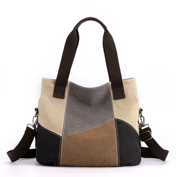 Casual and Fashionable Women's Bag, Contrasting Color Canvas Bag, Women's Large Capacity Retro Contrasting Color Splicing Cloth Bag, New Shoulder Handbag