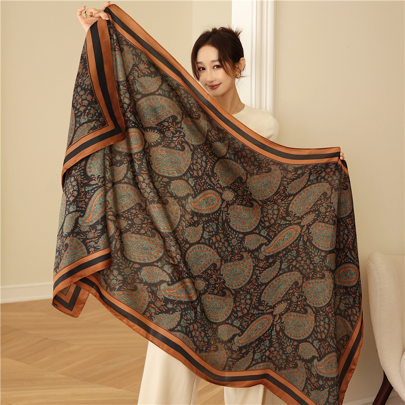 Full-Print Cashew Flower Imitation Silk Long Large Shawl Satin Neck Scarf Fashion Retro Printed Silk Scarf in Stock