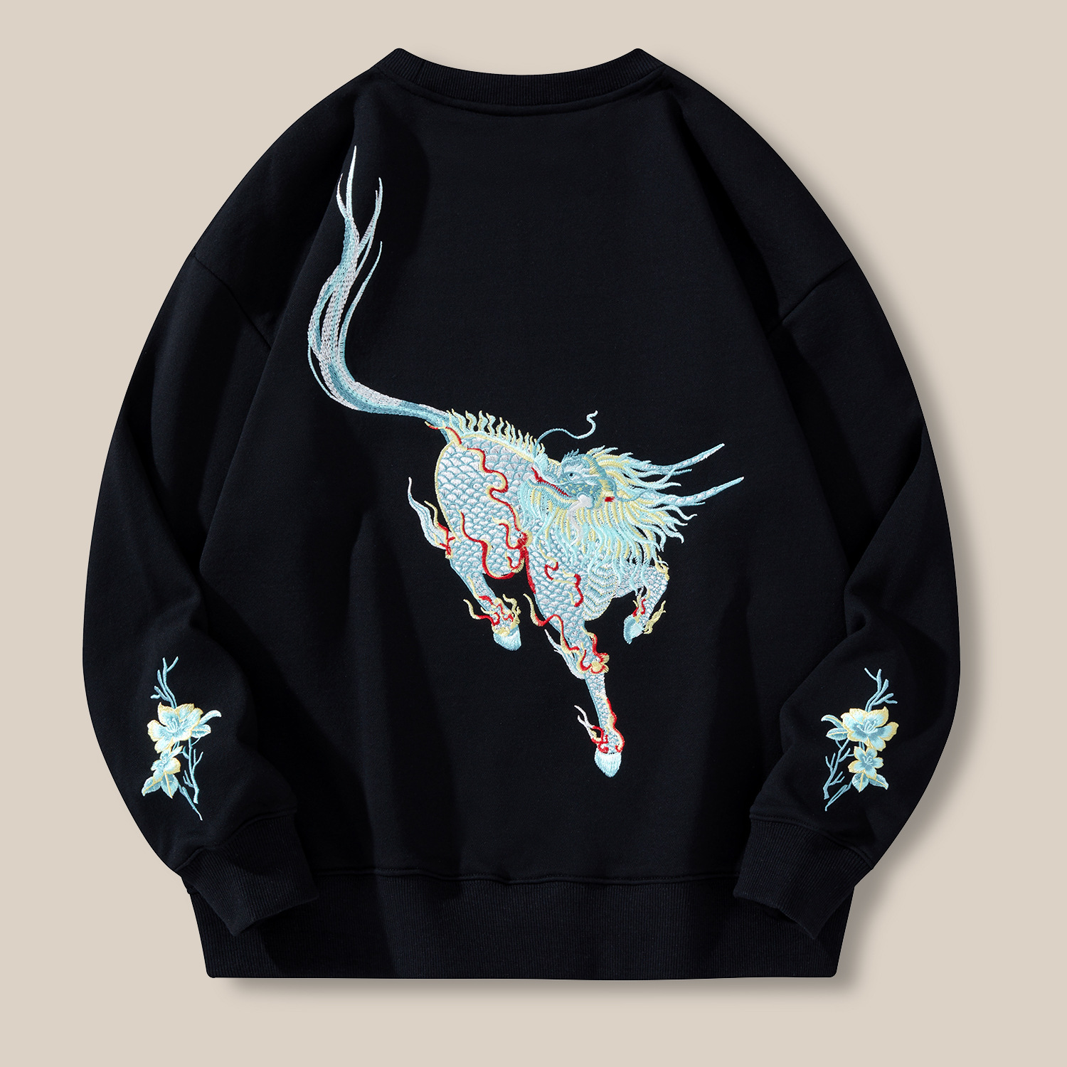Kirin heavy embroidery sweater men's Chinese style cotton loose trendy plus size trendy brand men's coat round neck youth